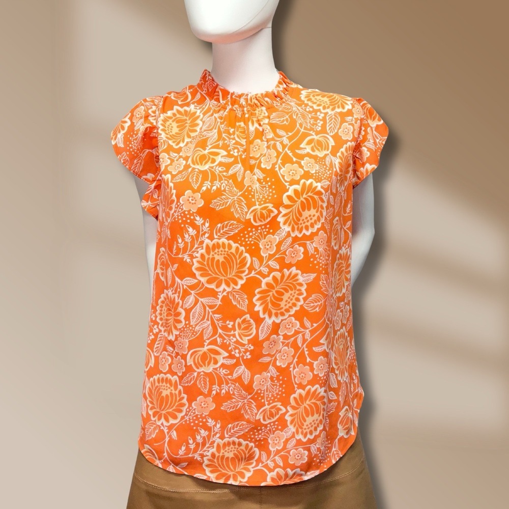 LOFT Outlet Women's High Neck Orange Floral Flowy Top Blouse Size X-Large